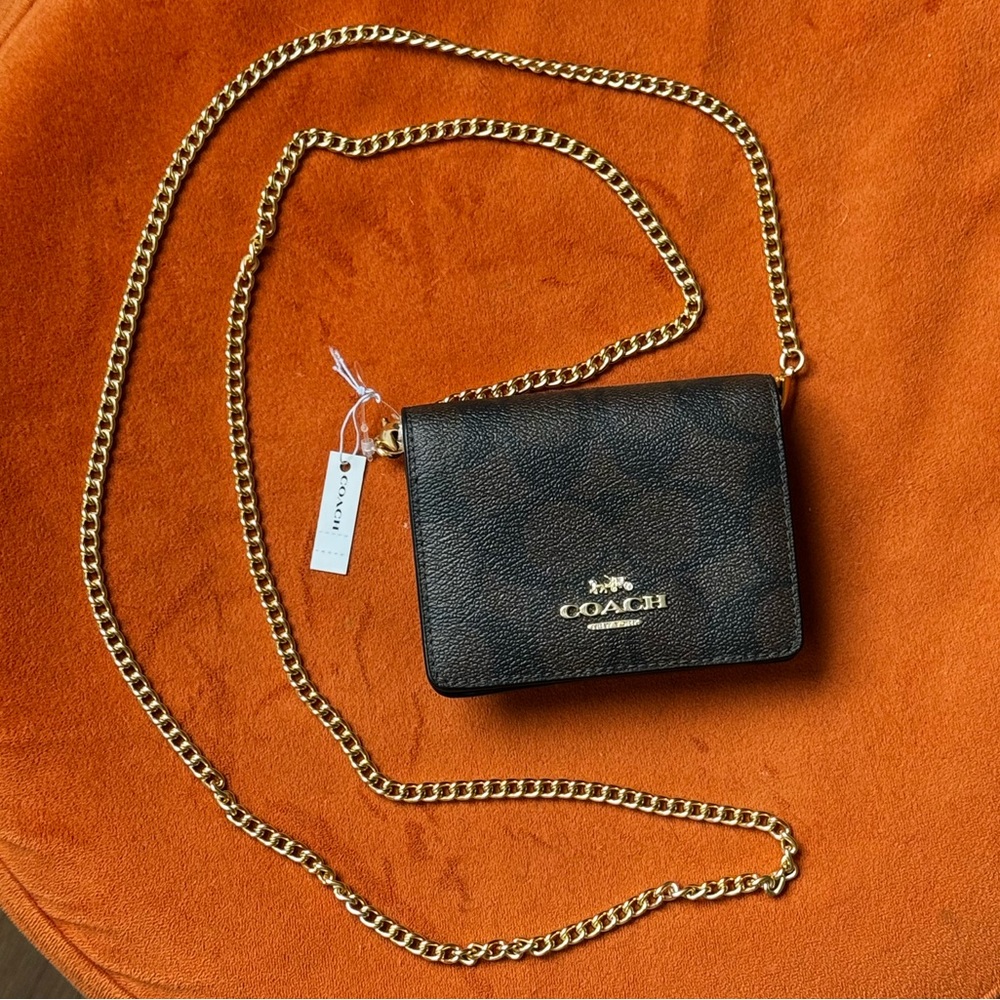 NWT NEW NEVER USED Coach Brown and Black logo Crossbody Purse with Gold Chain